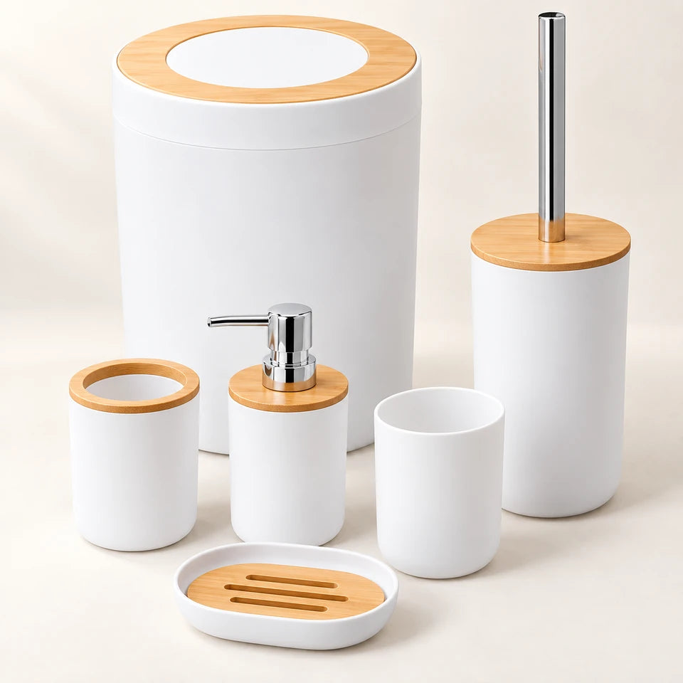 Conjunto de Acessórios para Banheiro 6 Peças PP + Bambu Oásis · Imagem ilustrativa baseada nas fotos do fornecedor.